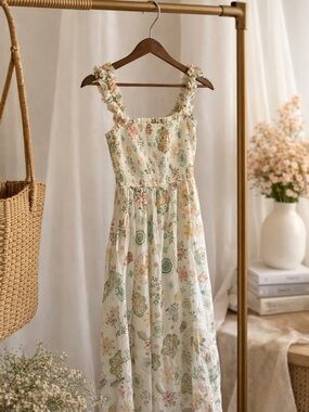 Smocked Floral Sundress in Cream and Pastels